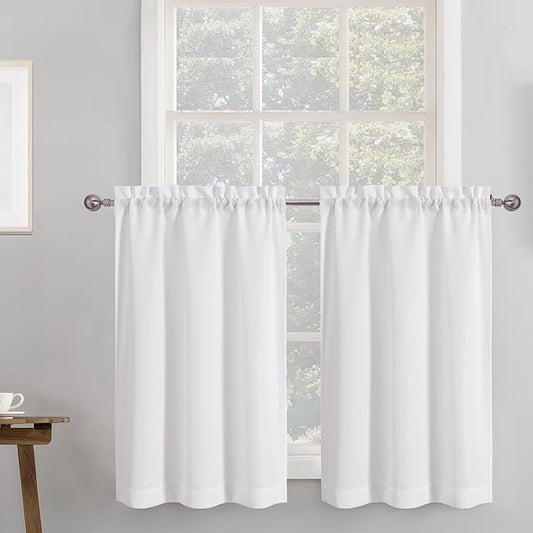 Chyhomenyc 2 Panels White Kitchen Curtains 36 Inch Length Tier Curtain, Faux Linen Textured Small Cafe Curtain, Light Filtering Short Window Curtains for Bathroom Basement, 30x36 inch, 2PCS