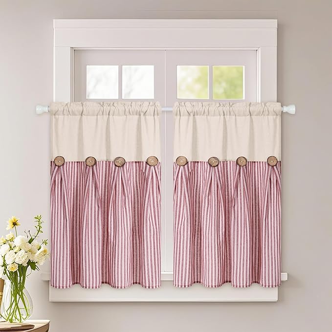 ASPMIZ Boho Linenn Kitchen Curtains 36 Inch Length, Farmhouse Kitchen Window Curtain Over Sink, Red Stripe Short Curtains for Small Windows, Bathroom, Rod Pocket Window Treatment Tiers with Button