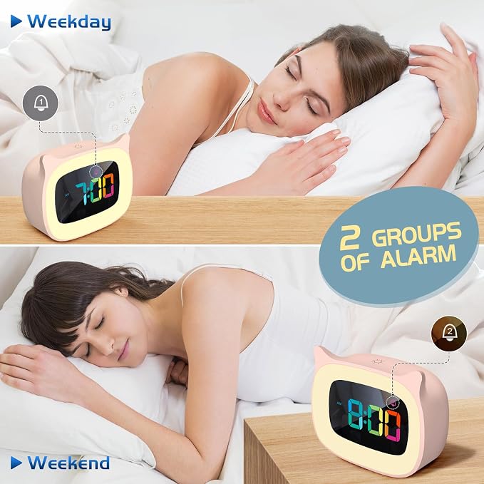 Cute Cat Ear Alarm Clock with RGB 7 Color Night Light,Pink - Image 4