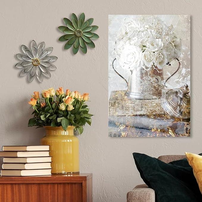Novbvia Metal Flower Wall Sculpture, 12" Rustic Modern Floral Artwork, Distressed 3D Layered Iron Flower Wall Hanging Accent for Indoor/Outdoor, Kitchen,Living Room Office Garden Decor (Grey)