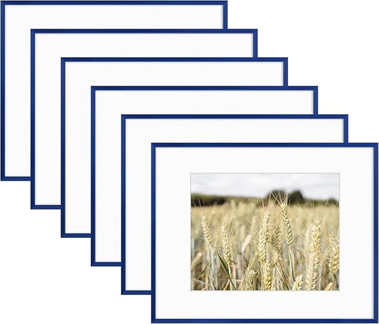 Golden State Art 11x14 Picture Frame 6 Pack - Navy Blue Aluminum Photo Frames With 8x10 Mats and Real Glass Cover - Elegant Minimalist Wall Gallery Frames for Home or Office Decor