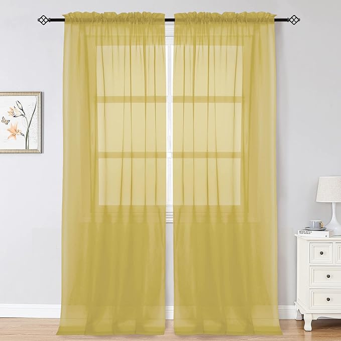 OWENIE Gold Sheer Curtains 96 Inch Length 2 Panels Set, Elegant Sheer Curtains for Bedroom, Window Voile Sheer Curtain Panels/Drapes/Treatment for Living Room, 2Pcs, Total 84?€? Wide