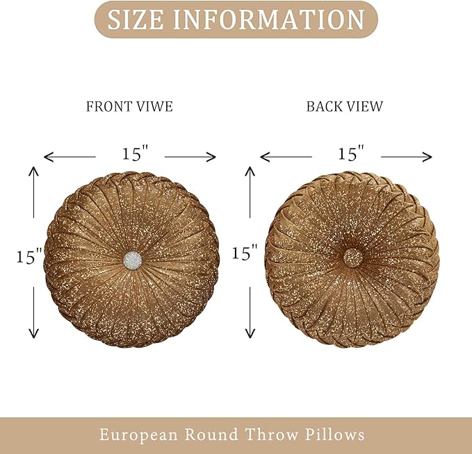 EUCIOR Round Throw Pillows,Brown Throw Pillows,Gold and Brown Decorative Pillow,Pumpkin Pleated Handmade Round Velvet Decorative Pillow for Sofa Bedroom Livingroom