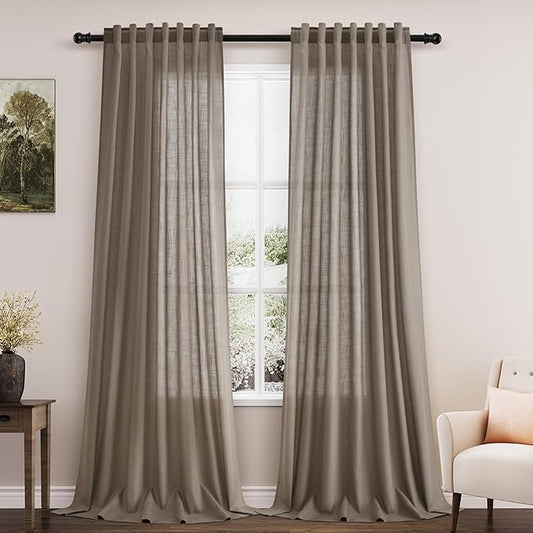 Extra Long Curtains 2 Panels 102 Inches Long for Living Room Dark Taupe Back Tab Rod Pocket Light Filtering Semi Sheer Drapes Cotton Linen Textured Window Curtain 102 Inch Length for Bedroom 9 FT