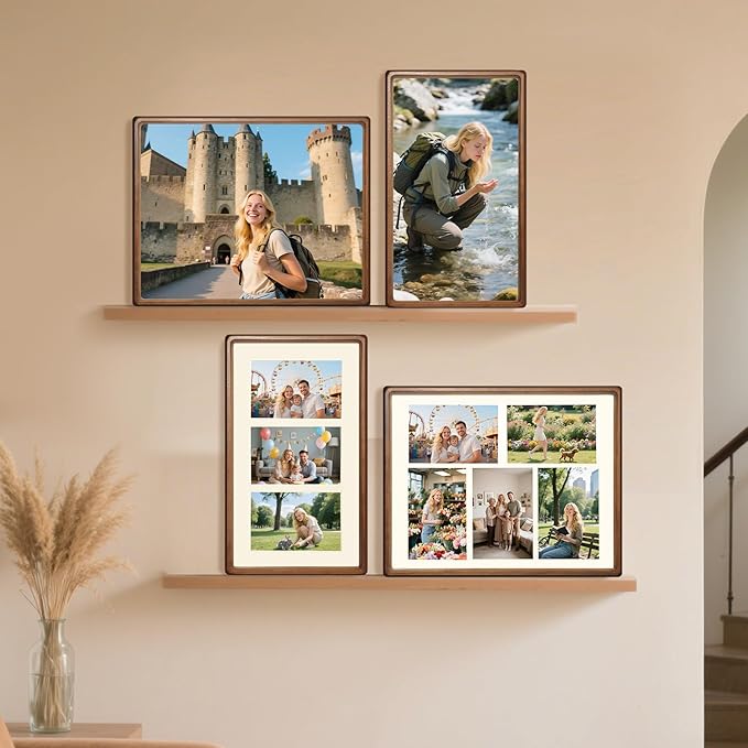 8x14 Collage Picture Frame Walnut Wood, Multiple Three 4x6 Photos or 8x14 without Mat, Rustic Photo Frame with Tempered Glass Hanging Displaying Horizontally or Vertically