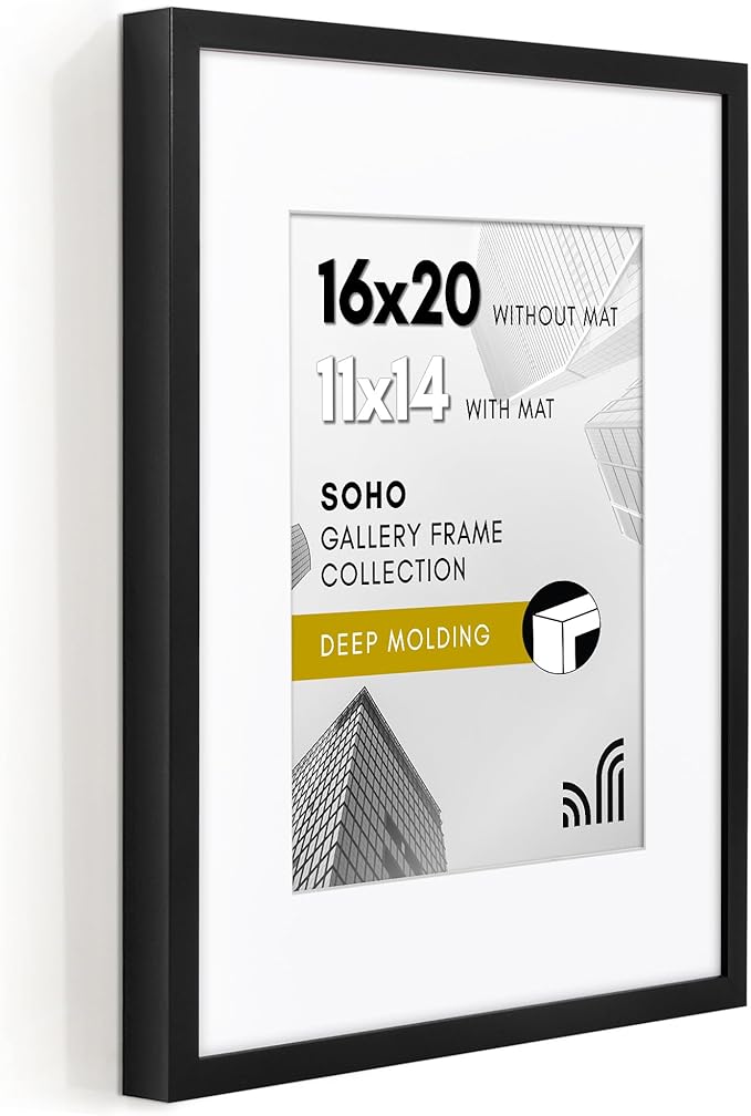Americanflat 16x20 Picture Frame with Polished Plexiglass - Use as 11x14 Frame with Mat or Display 16x20 Photo Without Mat - Soho Collection - Deep Molding Picture Frames for Wall Display - Black