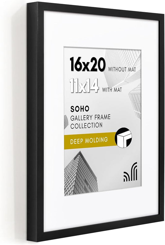 Americanflat 16x20 Picture Frame with Polished Plexiglass - Use as 11x14 Frame with Mat or Display 16x20 Photo Without Mat - Soho Collection - Deep Molding Picture Frames for Wall Display - Black