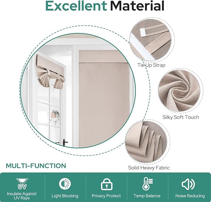 HOMEIDEAS 100% Natural Linen Blackout French Door Curtains, Privacy Door Window Curtains, 34 X 68 Inch Room Darkening Blinds, Thermal Insulated Shades for Bedroom, 1 Panel