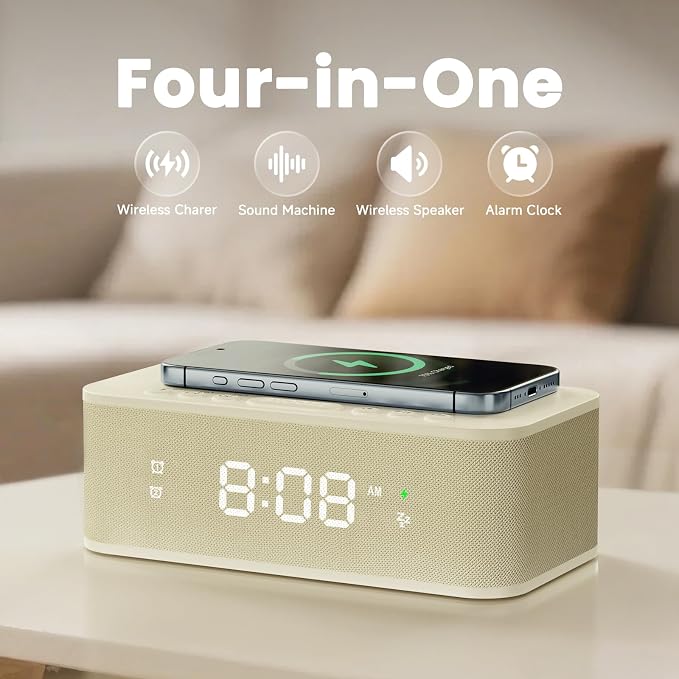 Digital Alarm Clock White Noise, Loud Digital Alarm Clocks Bedrooms, Alarm Clock Speaker Wireless Charger AUX USB Bluetooth Speaker 12/24H Dual Alarm Snooze Adjustable Brightness, Cream - Image 2