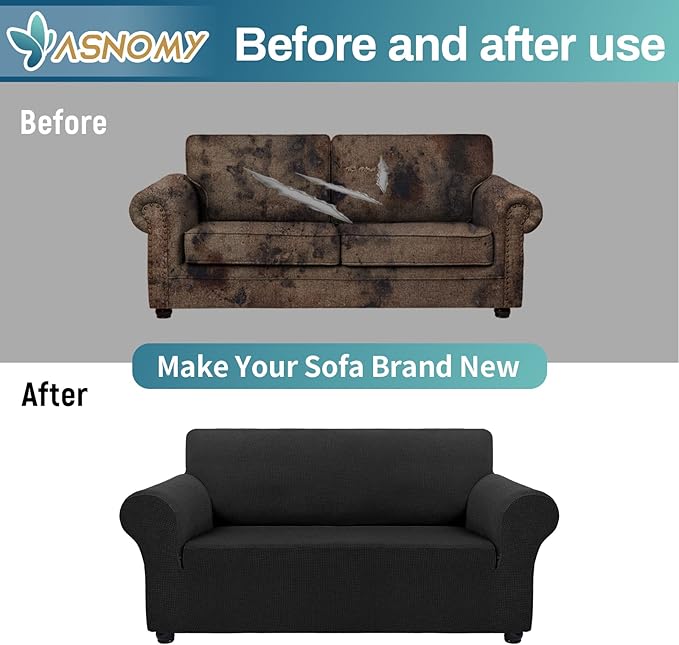 Asnomy Sofa Covers for 2 Cushion Couch Stretch loveseat Cover Slipcovers, Pet Protector Furniture Covers for Dogs Cats Spandex Jacquard Fabric Small Checks（Medium， Black）