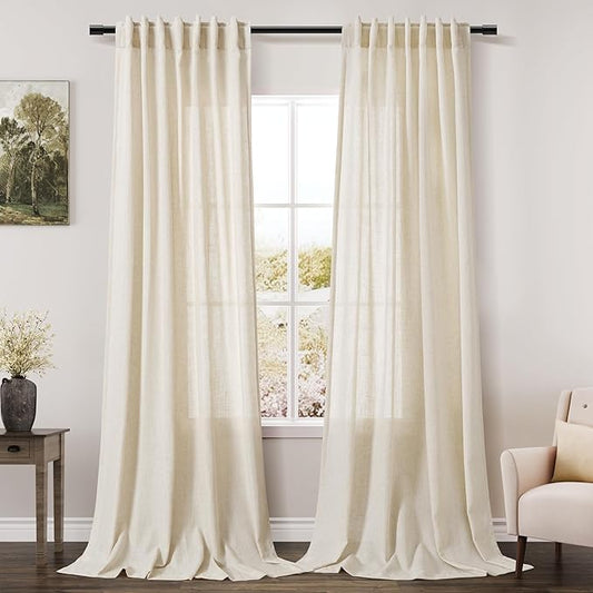 Extra Long Warm Beige Linen Curtains 120 Inch for Living Room 2 Panels Set Rod Pocket Back Tab Light Filtering Semi Sheer Linen Window Drapes Privacy High Ceiling Drapes for Farmhouse 52x120