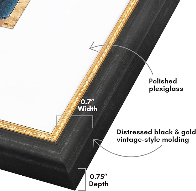 Americanflat Vintage Frames - 16x20 Picture Frame with Beaded Accents and Polished Plexiglass - Use as 11x14 Frame or Display 16x20 Photos Without Mat - Heirloom Collection - Wall Display - Black Gold