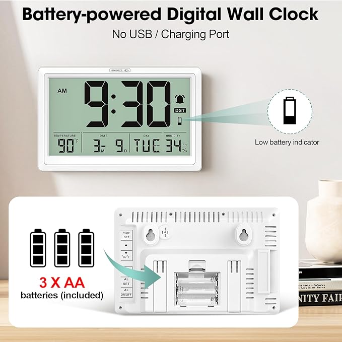 10.4'' Digital Wall Clock Battery Operated with Date/Temp/Week, Touch Snooze Function, Alarm, Temperature & Humidity - Easy to Read and Set, Auto DST