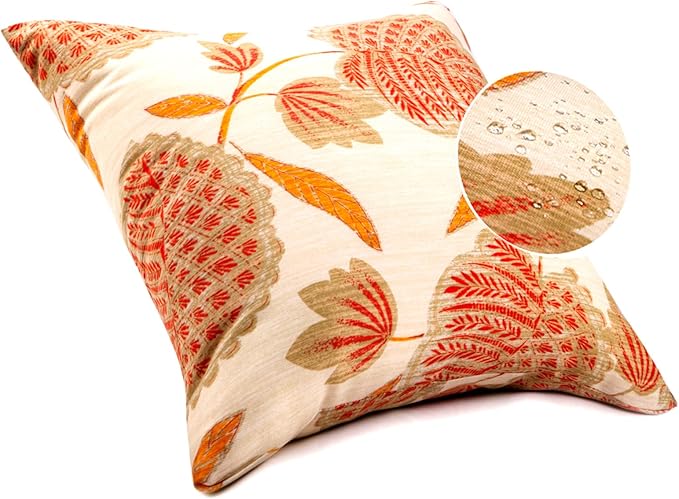 JMGBird Water-Resistant Outdoor Pillows Set of 2, 18x18 inch Durable Beige with Orange Leaf Pattern Throw Pillows with Inserts for Patio Furniture