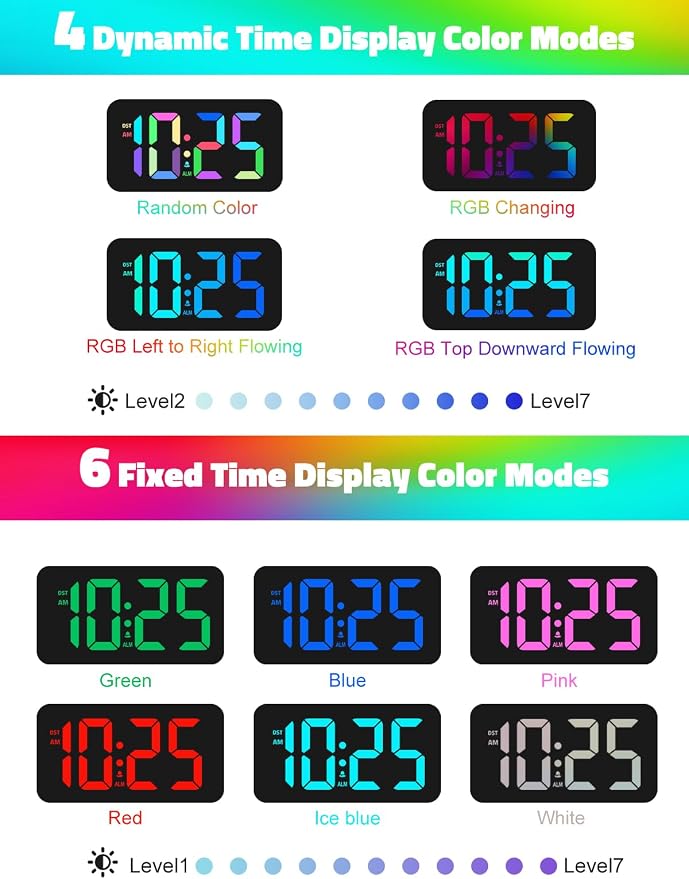 Mesqool Digital Alarm Clock for Bedrooms - Plug-in LED Clock with Dynamic RGB Digits, Dimmable Display & Night Light, 7 Color Options, Adjustable Alarm Volume, DST, 12/24 Hour - Ideal for Kids - Image 2