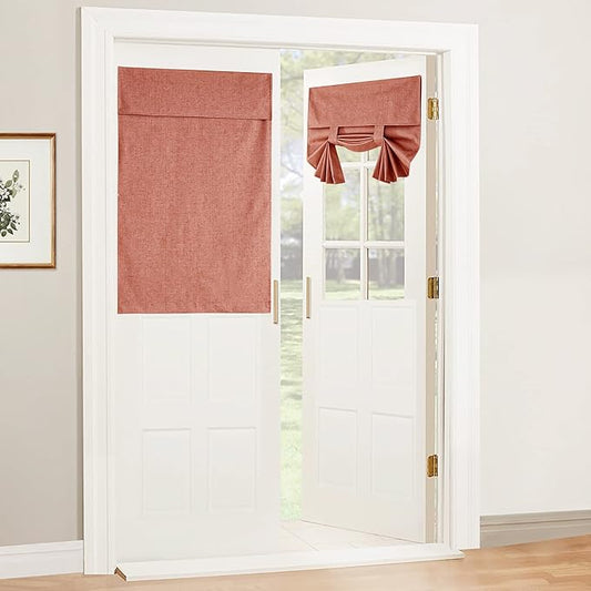 RYB HOME Front Glass Door Curtains, 100% Blackout Linen Blended Back/French Door/Closet Blinds Effortless Installation Window Shades, W26 x L40 inch, Brick Red, 1 Panel