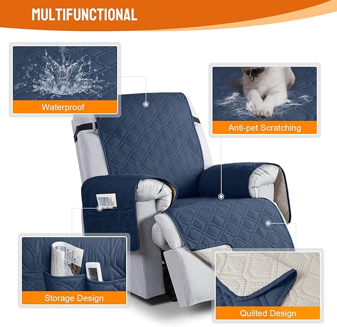 VANSOFY 100% Waterproof Recliner Chair Covers, Recliner Cover Non-Slip Dog Chair Cover Furniture Protector Washable Slipcover with Pocket, Elastic Straps for Pets, Dogs(Navy Blue, 20")