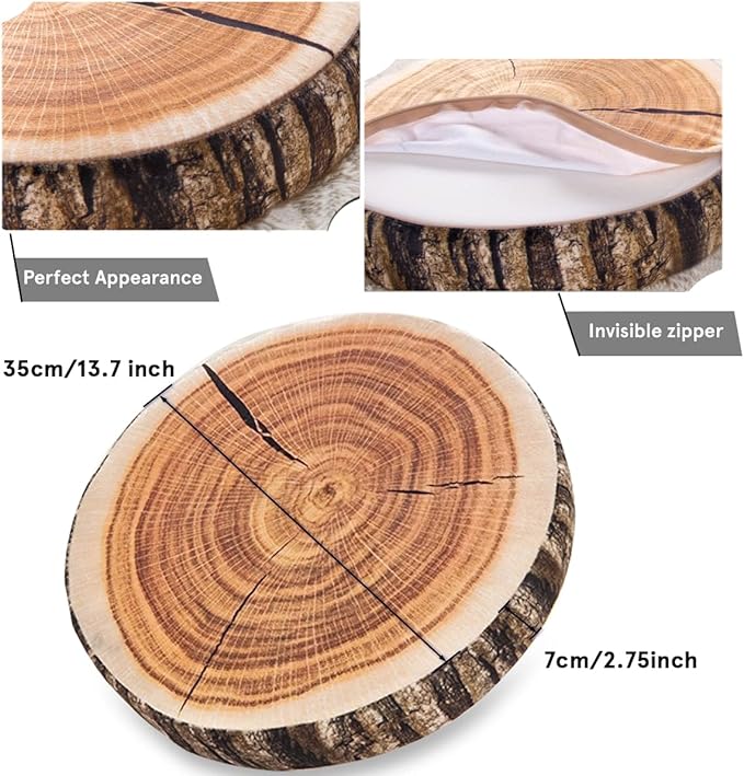 HYSEAS Decorative Round Throw Pillow, 3D Digital Print Comfortable Kids Funny Cute Wood Log Pillow Circle Seating Floor Cushion for Home, Couch, Sofa, Bedroom, Living Room Decor, Stump