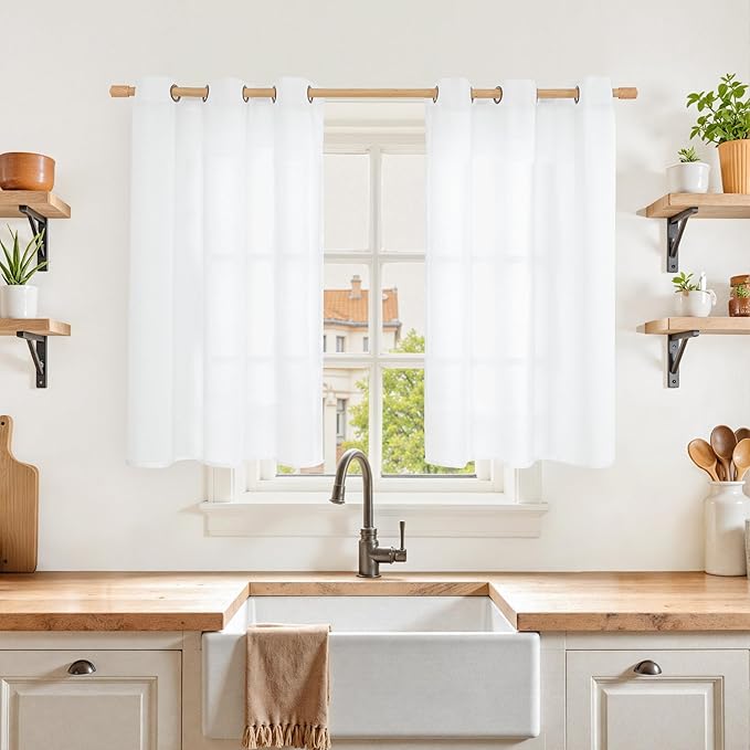 YoungsTex 40 Inches Long White Linen Curtains, Short Drapes with Bronze Grommet Light Filtering for Kitchen Bedroom Bathroom Window Privacy, 2 Panels, 42 X 40 Inch