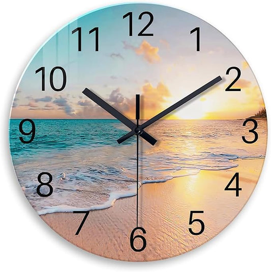 Beach Wall Clock Battery Operated 12 Inch Glass Wall Clock Non Ticking Analog Blue Wall Clocks for Bedroom Living Room Office Decor
