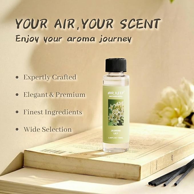 Airkeep Reed Diffuser Oil Refill/Jasmine Lily/3.38 oz / 1 Pack/Air Freshener & Aromatherapy Essential Oil Blend for Home Fragrance ?€? Scented Refill Oil for Bathroom, Bedroom & Home Decor