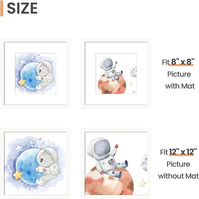 upsimples 12x12 Picture Frame, Display Pictures 8x8 with Mat or 12 x 12 Without, Wall Hanging Square Frames, White, 1 Pack