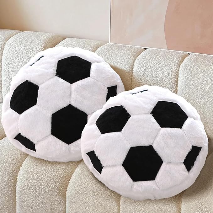 Plush Soccer Pillow 2 Pack, Soft Fluffy Round Soccer Ball Shaped Throw Pillows for Kids Room, Sofa & Bed Decor, Seat Cushion Alternative for Gaming & Sports Room 15.7 Inch