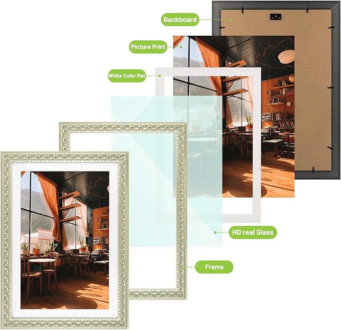 Golden State Art, 13X19 Ornate Finish Photo Frame with White Mat for 11X17 Picture & Real Glass, Color: Silver Beige
