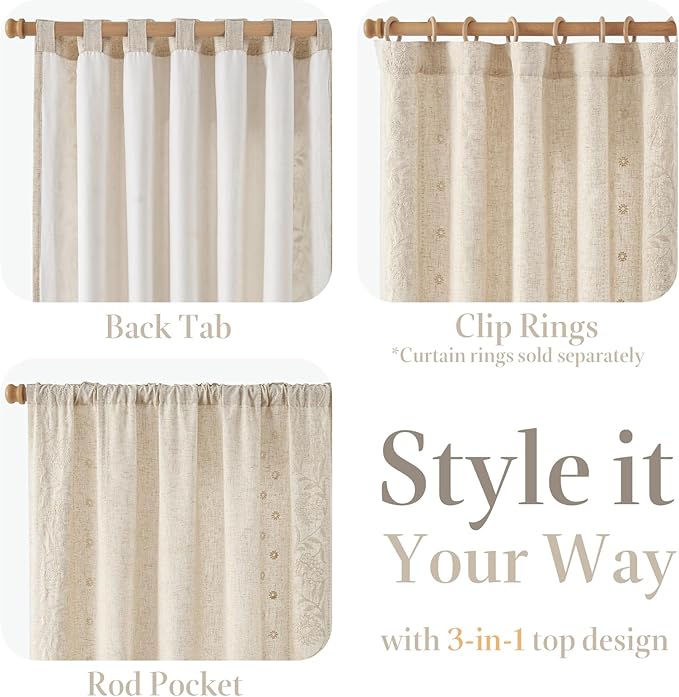jinchan Winslow Lined Linen Curtains for Bedroom 84 Inches Linen Blended Embroidered Bordered Floral Curtains for Living Room Farmhouse Decor Window Treatments Ivory on Beige Drapes 2 Panels