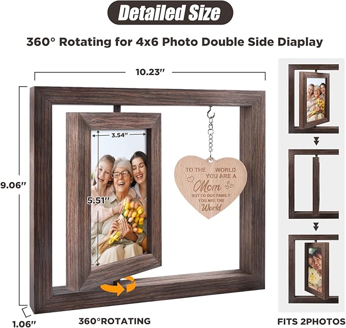 Egofine Gifts for Mom Mothers Day Picture Frames, Mom Picture Frame with Warm Heart Pendant, Mother's Day Gifts from Daughter/Son, Double Sided Rotating Frame for 4x6 Photo