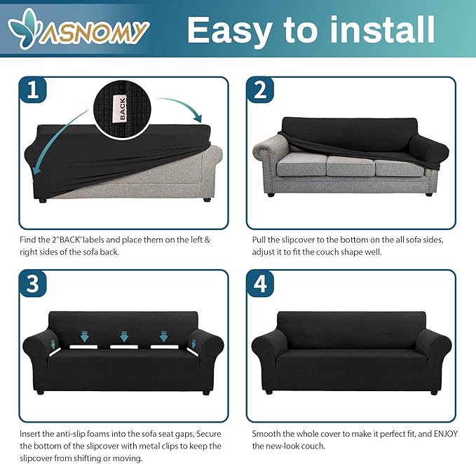 Asnomy Couch Covers for 3 Cushion Couch Sofa Pet Friendly, 3 Seater Sofa Cover Washable Slipcovers Protector Furniture Covers for Dogs Spandex Jacquard Fabric Small Checks???Large???Black???