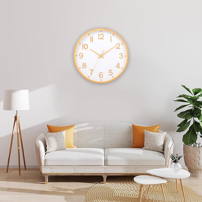 Wall Clocks Battery Operated 8 inch Modern Wall Clock,Silent Non Ticking Wall Clock for Living Room Bedroom Kitchen Office Classroom Decor (Wood Grain Yellow White)
