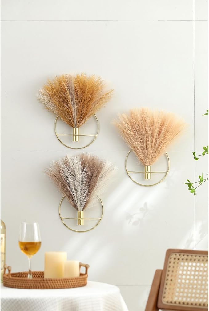 Pretty Jolly Boho Wall Art, Hanging Artificial Pampas Display, 2 Pack - Beige, Coffee, Gold - Living Room, Bedroom, Bathroom, Dining Room