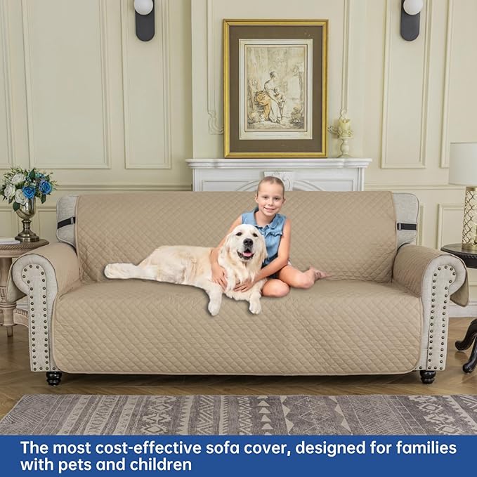 XINEAGE Quilted Sofa Cover Waterproof Couch Covers for 3 Cushion Couch, Super Soft Washable Slipcover with Pockets & Non-Slip Elastic Straps, Thick Furniture Protector (Sofa, Khaki)