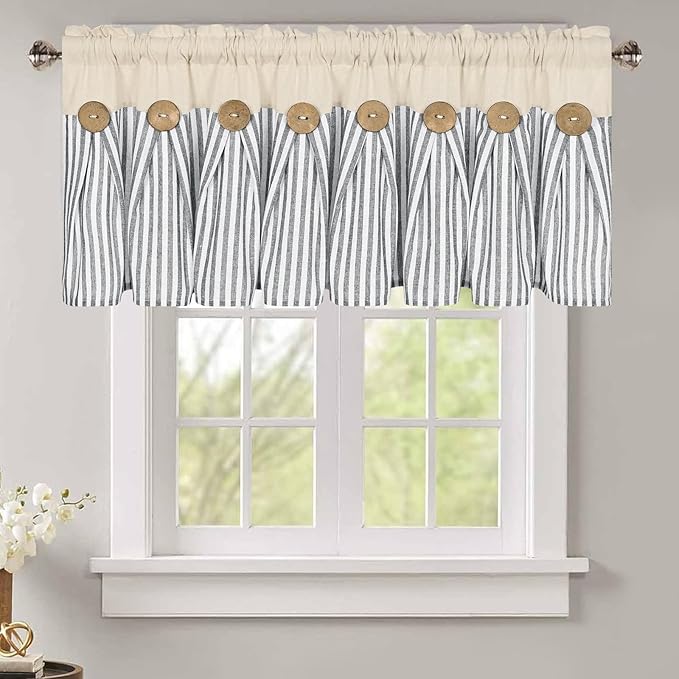 ASPMIZ Farmhouse Cotton Linen Valances for Windows, Boho Kitchen Curtains Valances with Rustic Button, Country Grey Striped Window Treatments Curtain Valance for Bathroom Cafe, 52 x 18 Inch, 1 Pannel