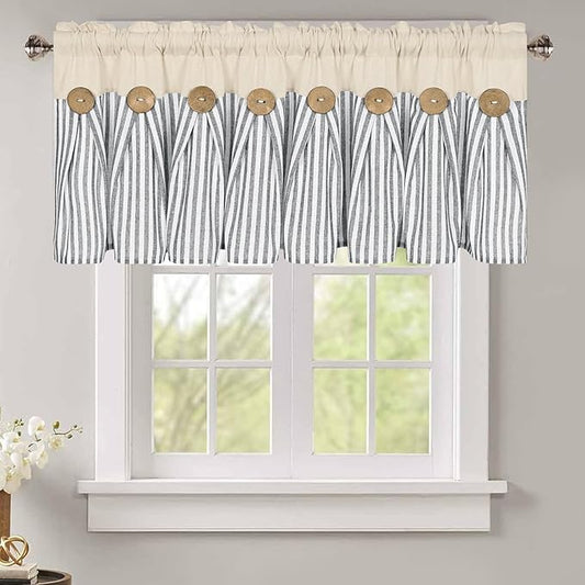 ASPMIZ Farmhouse Cotton Linen Valances for Windows, Boho Kitchen Curtains Valances with Rustic Button, Country Grey Striped Window Treatments Curtain Valance for Bathroom Cafe, 52 x 18 Inch, 1 Pannel