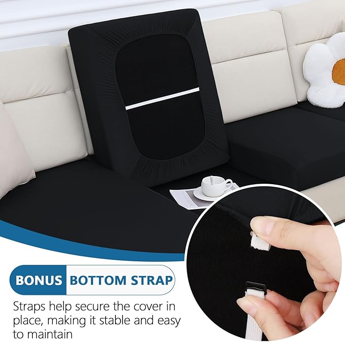hyha Milk Silk Couch Cushion Covers, Soft Magic Sofa Covers Washable for 2 Cushion Couch, Stretch Sectional Outdoor Cushion Covers for Patio Furniture with Elastic Bottom(2 Packs, Black)