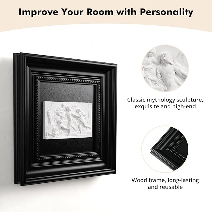 FOLKOR LIFE Framed Black and White Wall Art Sculpture for Vintage Decor, Antique Greek Mythology Framed Plaster Relief Hanging Sculpture for Wall Decor, Living Room, Hallway, Office Decoration