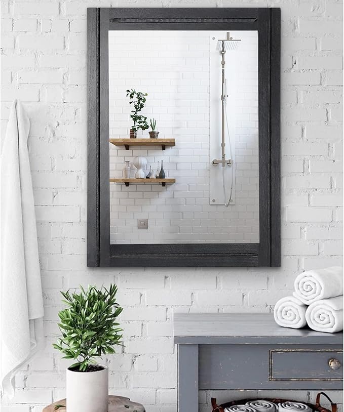 AAZZKANG Wood Framed Mirror Rectangular Mirrors for Wall Black Large 26"x18" Decorative for Bedroom Living Room Bathroom Home Entyway Hanging