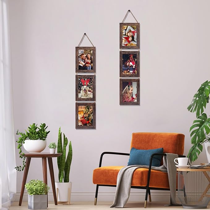 Lavezee Wall Hanging 5x7 Picture Frames Set of 2, Vertical Collage Distressed Brown Triple Frame Made to Display 5 by 7 inch Photo for Wall Decor