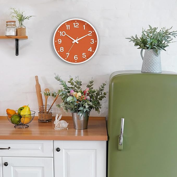Wall Clock 10 Inch Silent Wall Clocks Battery Operated-Modern Non Ticking Analog Clock Decorative for Kitchen Bedroom Office Bathroom(Orange)
