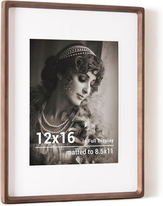 12x16 Picture Frame, USA-Sourced Walnut Wood Photo Frames with HD Tempered Glass, Handcrafted Rounded Corner 12 x 16 Wooden Frames Matted to 8.5x11 Photos, Horizontal or Vertical Wall Display