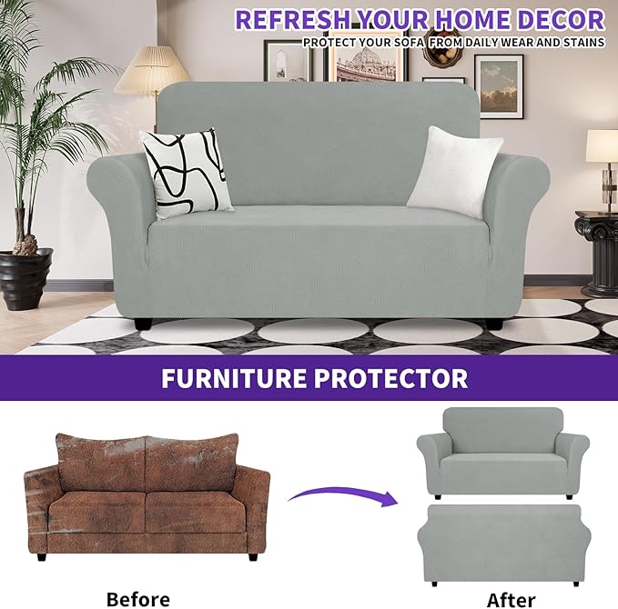 ZNSAYOTX Super Stretch Loveseat Covers (57"-70"), New Striped Love Seat Slipcover, Dogs Pet Friendly Anti-Slip Couch Protector Spandex Durable 2 Seater Fabric Sofa Cover(Light Grey, Loveseat)