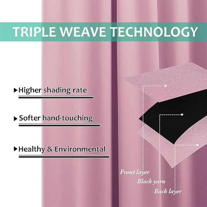 NICETOWN 100% Blackout Curtains with Black Liners, Thermal Insulated Full Blackout 2-Layer Lined Drapes, Energy Efficiency Window Draperies for Bedroom (Crystal Pink, 2 Panels, 62-inch W by 63-inch L)