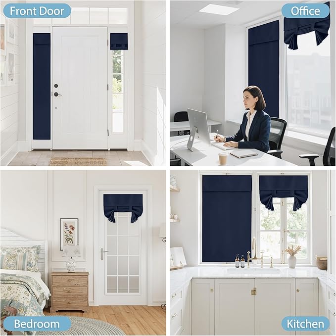 RYB HOME Blackout French Door Curtain - Privacy Thermal Insulated Window Shades for Patio Kitchen Front Entry Back Door Glass Window, Self Adhesive No Drill, 1 Panel, 26" W x 69" L, Navy