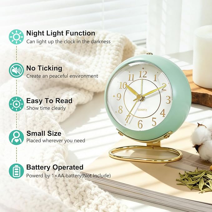 Analog Alarm Clock, Retro Small Desk Clock with Night Light, Backlight Cute Simple Design, Silent Non-Ticking, Battery Powered, Clock for Bedroom,Travel,Kitchen,Bedside Desktop Decor - Image 2