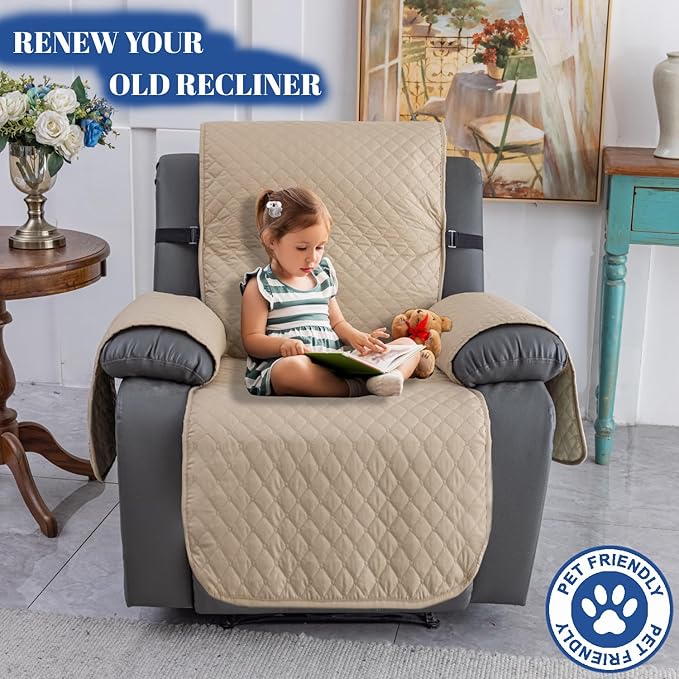 XINEAGE Water Resistant Recliner Cover, Nonslip Recliner Chair Covers for Reclining Chair with Pockets, Quilted Thick Recliner Slipcovers for Pets and Kids (Recliner Chair, Khaki)