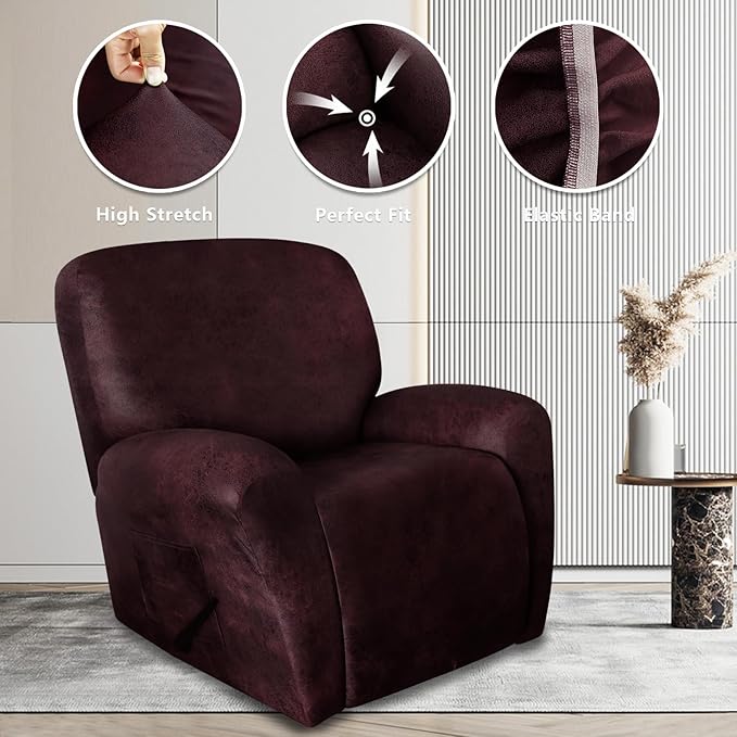 ANARACHON Leather Like Recliner Chair Covers Heavy Duty, 4 Pieces Recliner Cover for Recliner Chair, Leather Cover for Recliner slipcovers Washable for Pets (Wine)