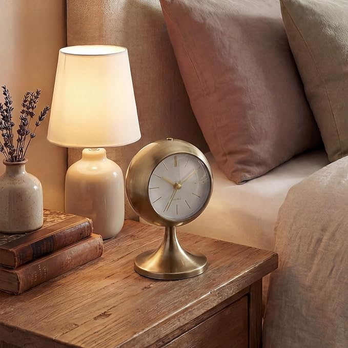 Analog Alarm Clock, Mid-Century Modern Desk Clock, Silent Non-Ticking Quartz Table Clock with Gold Hands, Battery Operated Decorative Clock for Bedroom, Office, Living Room (Gold)