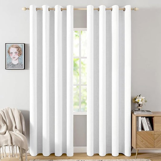 MIULEE 100% Blackout Linen Textured Curtains for Bedroom Solid Thermal Insulated Bright White Grommet Room Darkening Curtains & Drapes Luxury Decor for Living Room Nursery 52 x 96 Inch (2 Panels)